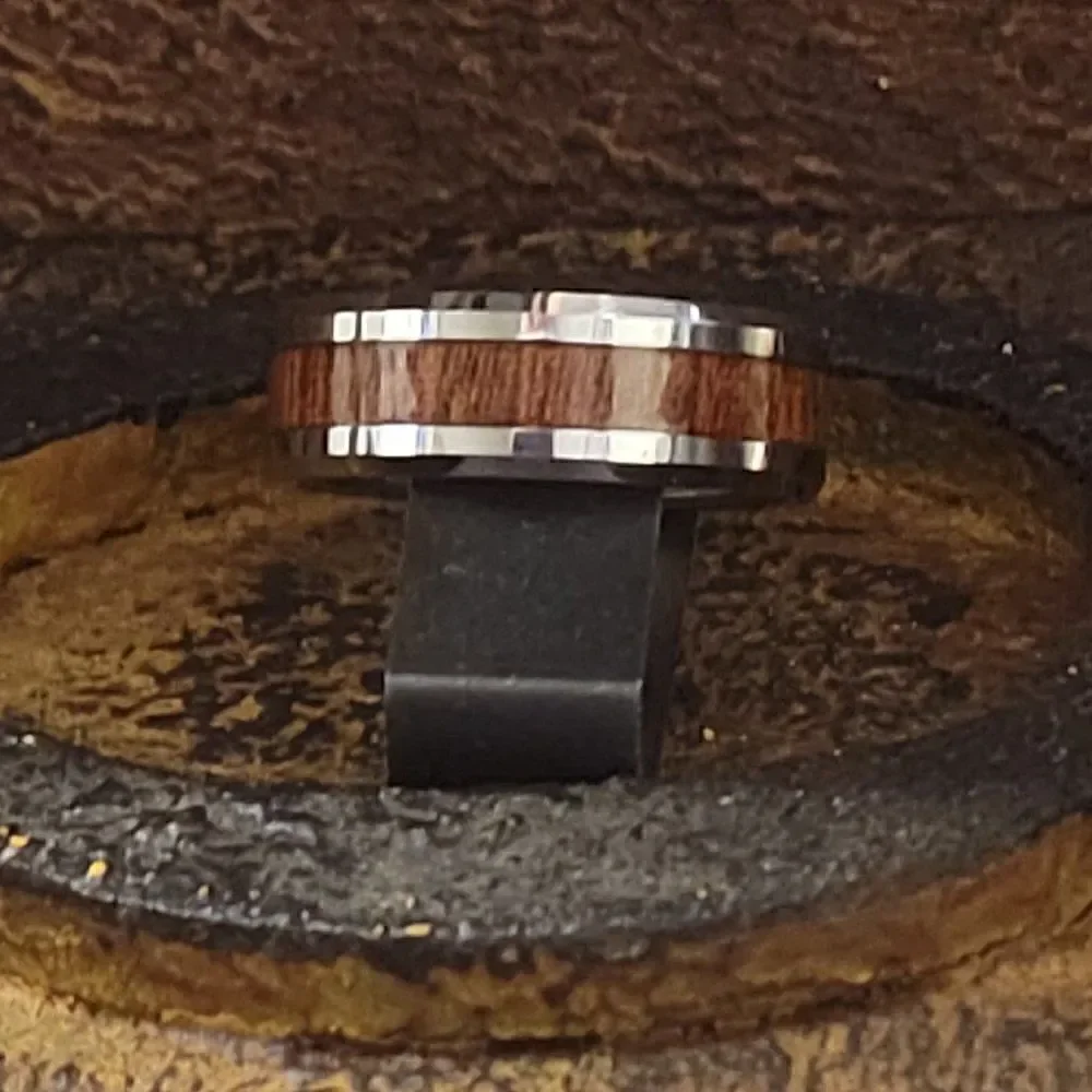 Men's Real Silver Tungsten Wedding Ring Whiskey Barrel Wood Inlay